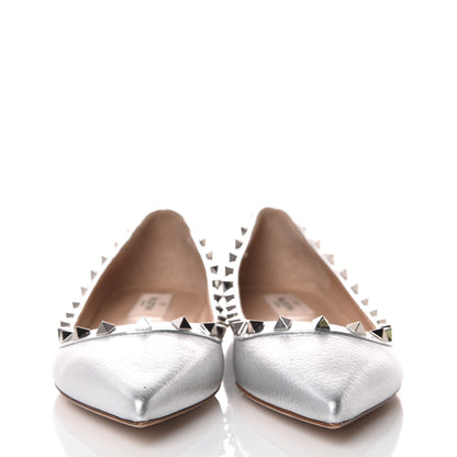 Valentino Garavani Metallic Pebbled Calfskin Rockstud Ballerina Flats 38 Silver 3 of 8