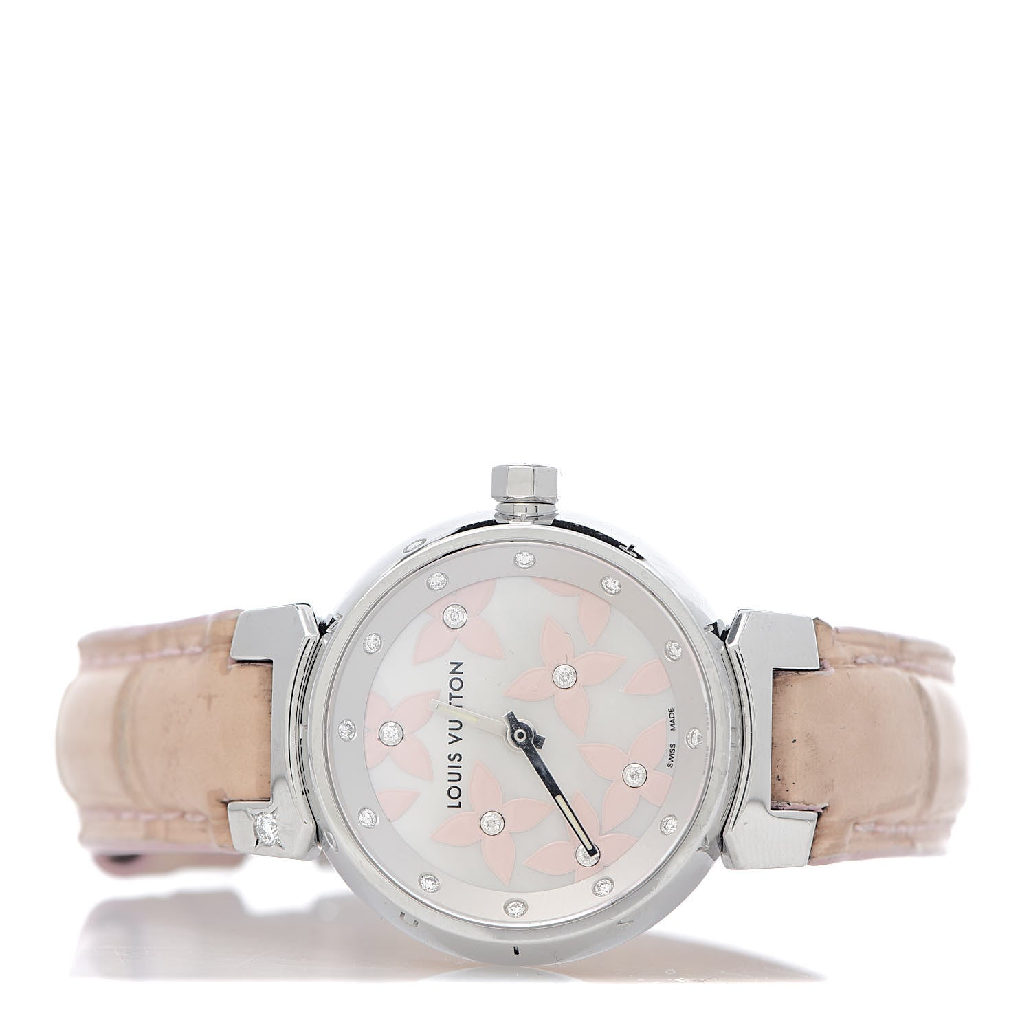 Louis Vuitton Stainless Steel Alligator Diamond Mother of Pearl 28mm Tambour Lovely Quartz Watch 3 of 9