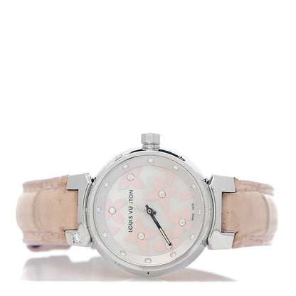 Louis Vuitton Stainless Steel Alligator Diamond Mother of Pearl 28mm Tambour Lovely Quartz Watch 3 of 9