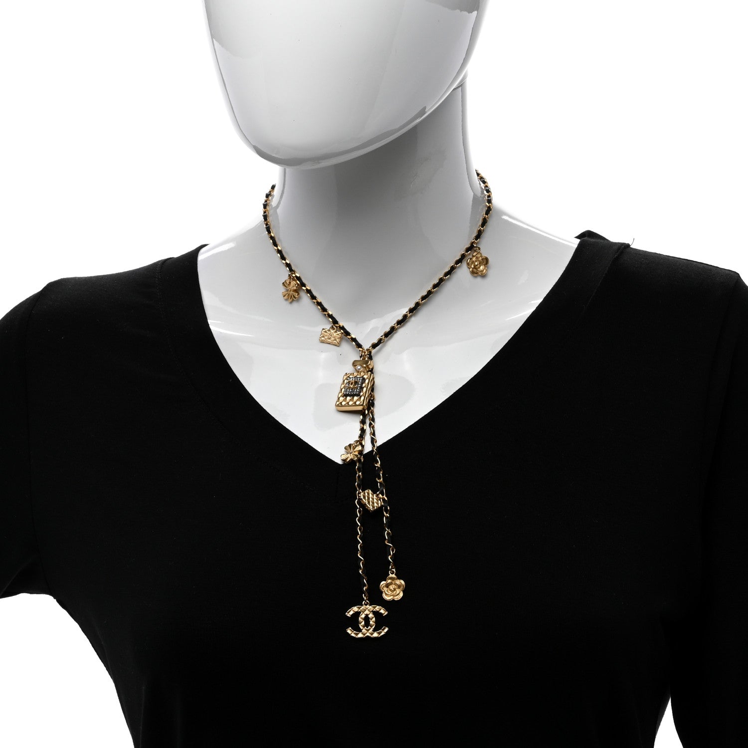 Chanel Calfskin Crystal Pearl Perfume Bottle CC Charm Necklace Black Gold 2 of 4