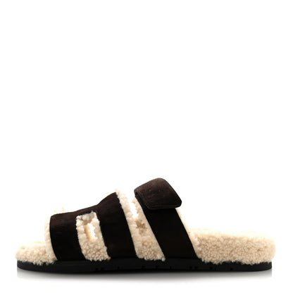 Hermes Suede Goatskin Woolskin Womens Chypre Sandals 40 Marron Ebene 1 of 10