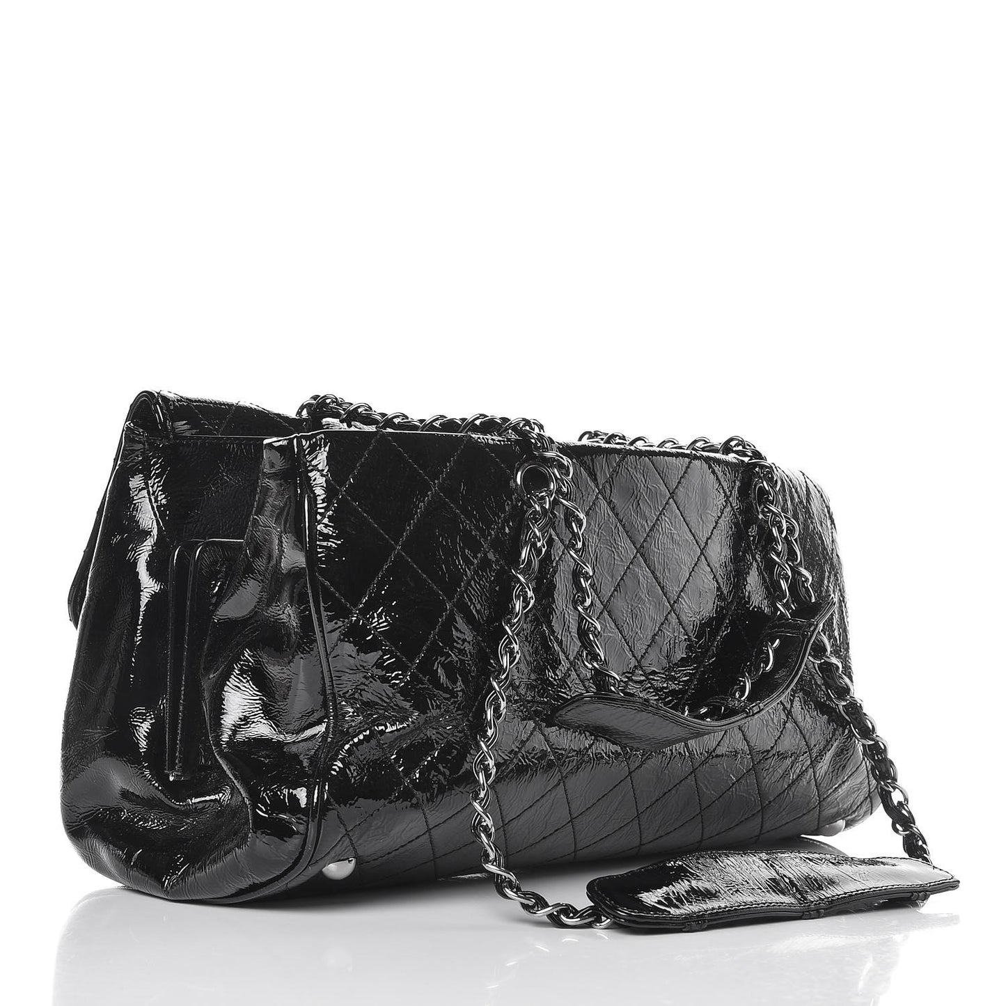 Distressed Patent Quilted Ritz Flap Bag Black