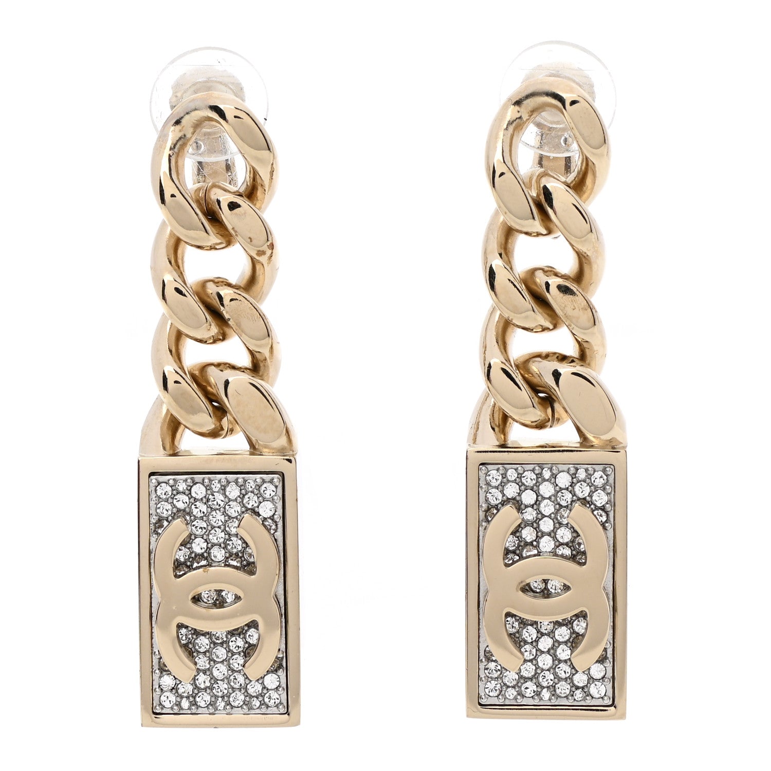 Chanel Crystal Dog Tag Charm Earrings Gold 1 of 5
