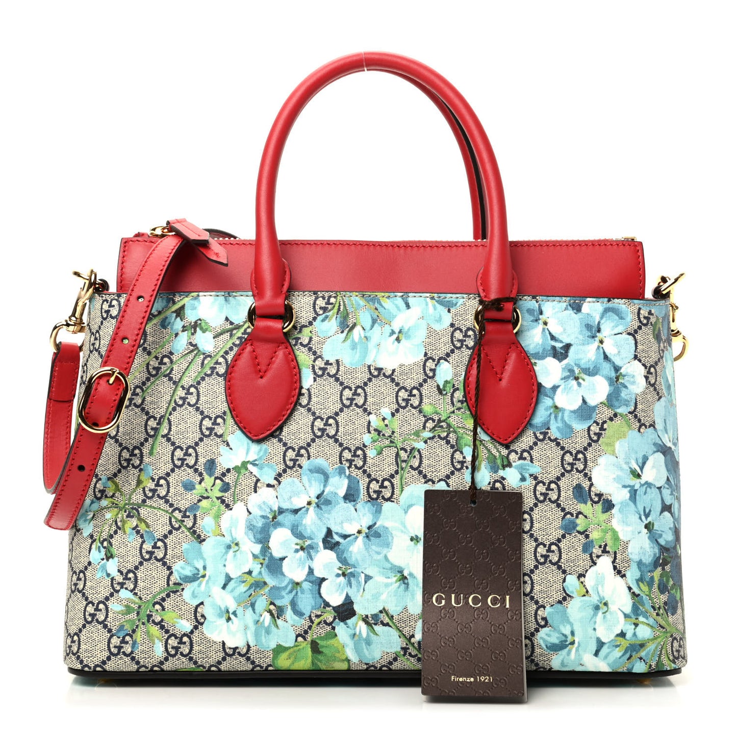 GG Supreme Monogram Blooms Medium Zip Top Tote Beige Blue Navy Hibiscus Red