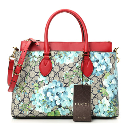 Gucci GG Supreme Monogram Blooms Medium Zip Top Tote Beige Blue Navy Hibiscus Red 1 of 10