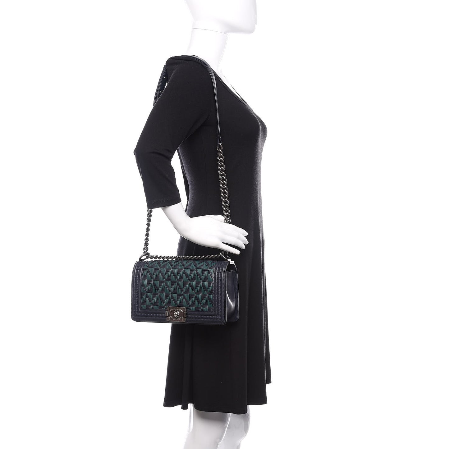 Calfskin Woven Medium Boy Flap Navy Green