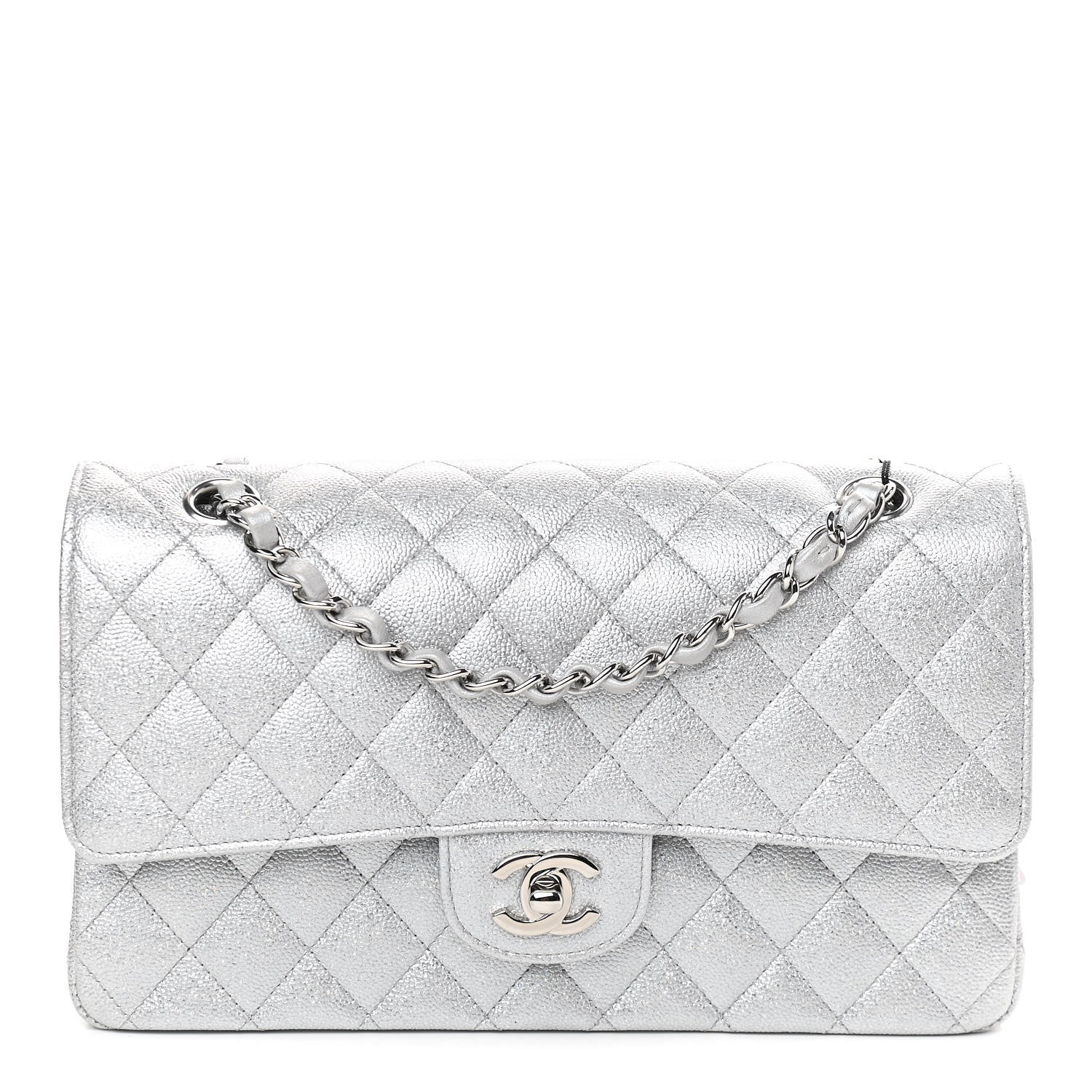 Chanel Glittered Metallic Caviar Quilted Medium Double Flap Silver