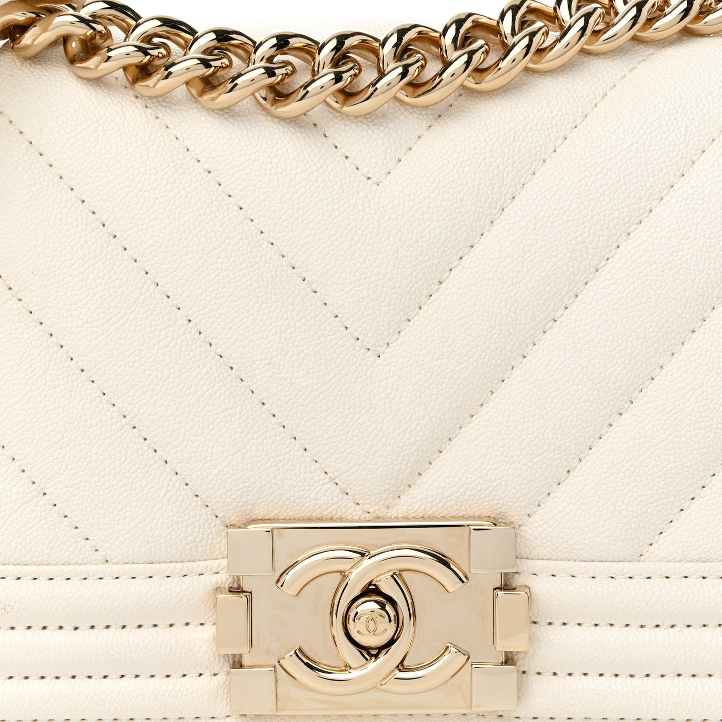 Caviar Chevron Quilted Small Boy Flap White