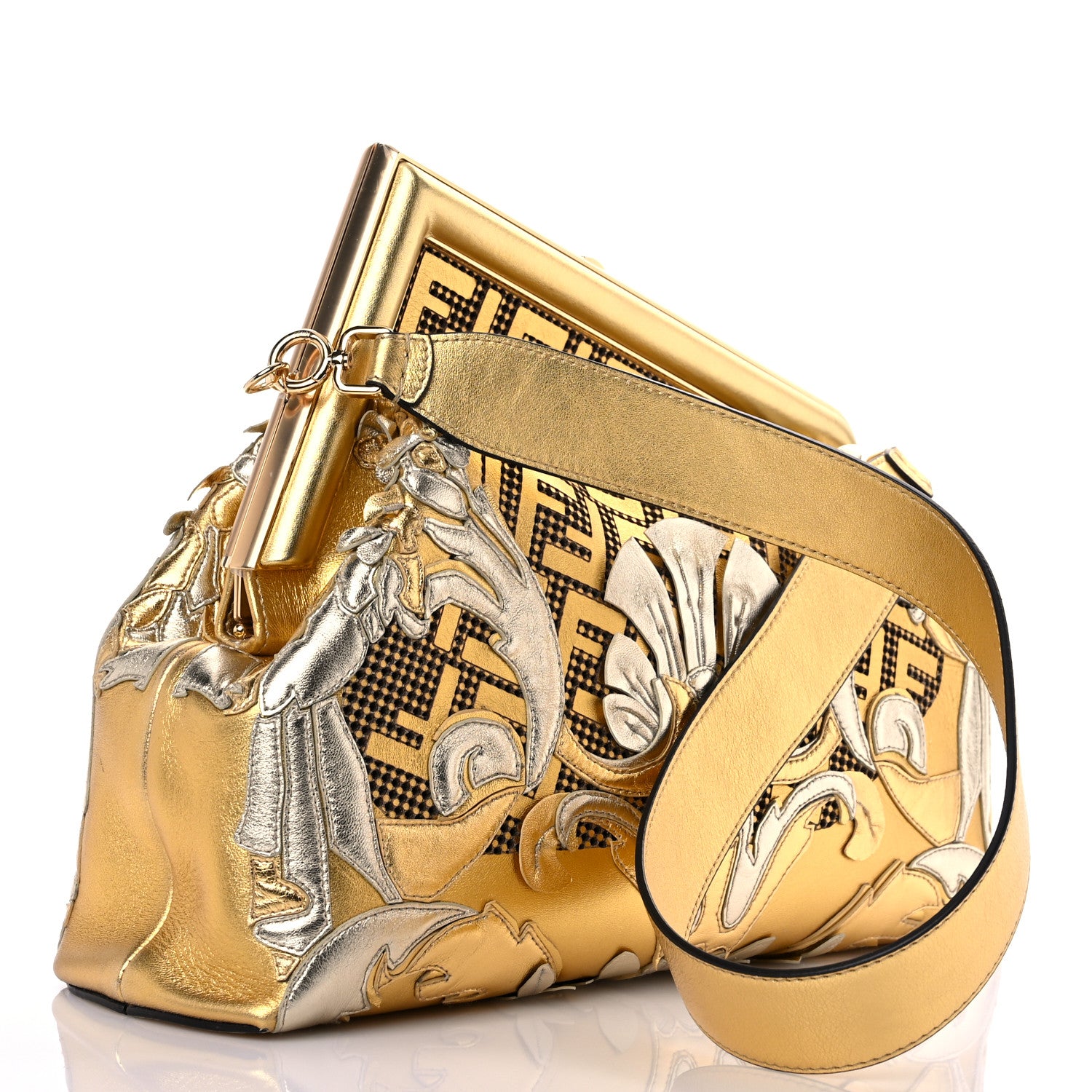 Fendi X VERSACE Vitello Laminato Catalan Mirror Fendace FF Medium Fendi First Oro 2 of 8