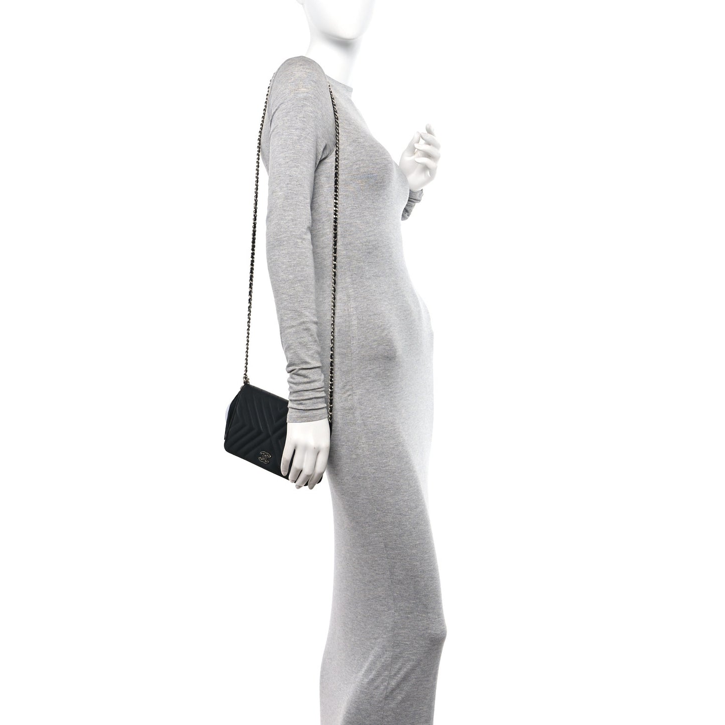 Calfskin Diagonal Chevron Quilted Tassel Wallet On Chain WOC Black