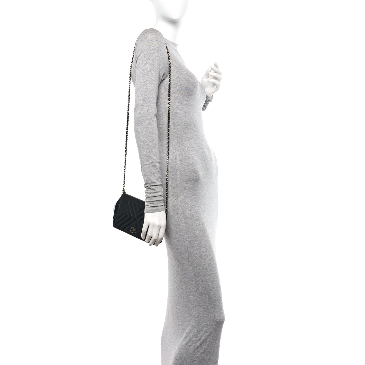 Chanel Calfskin Diagonal Chevron Quilted Tassel Wallet On Chain WOC Black 2 of 11