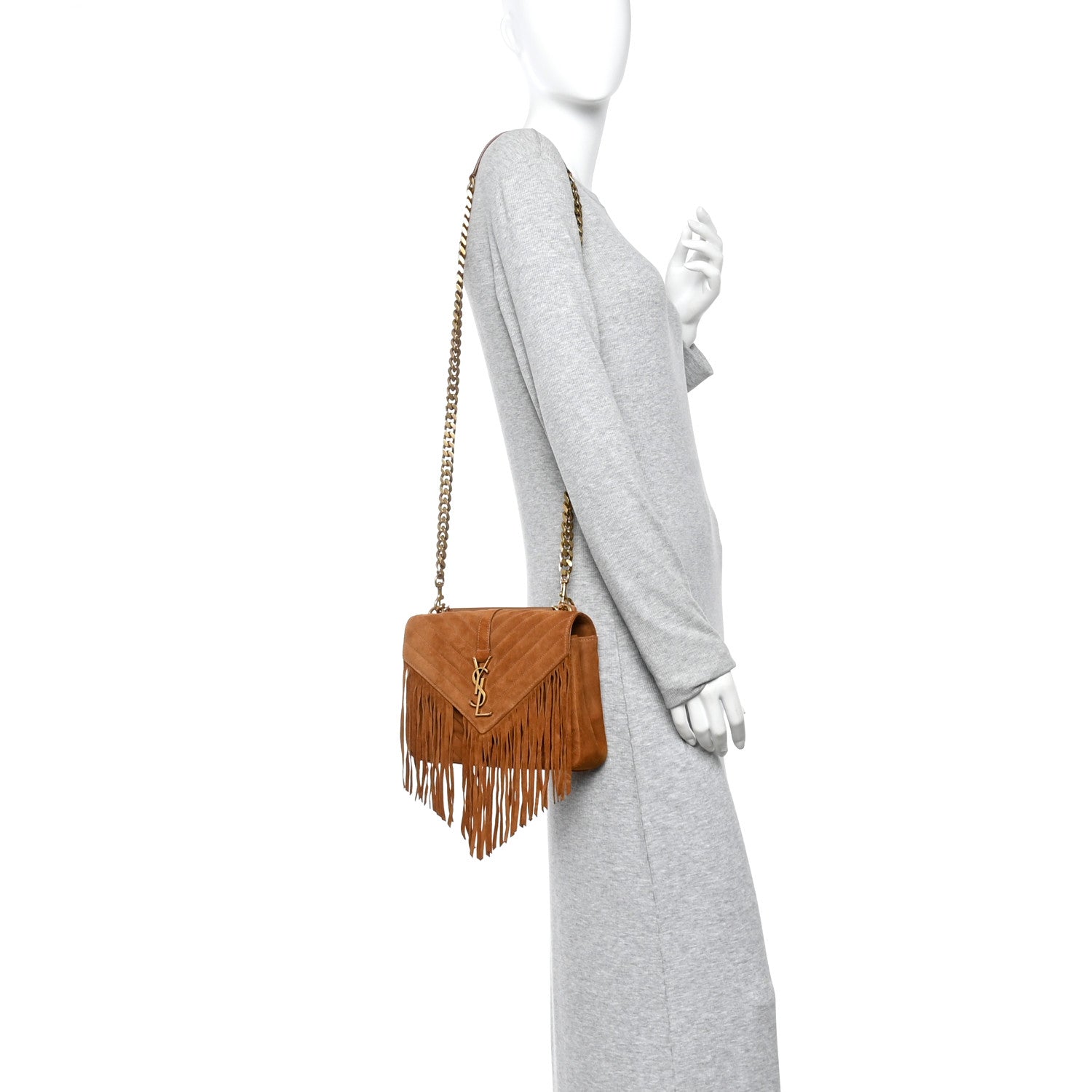 Saint Laurent Suede Matelasse Chevron Fringe Monogram Medium College Bag Cinnamon 2 of 11