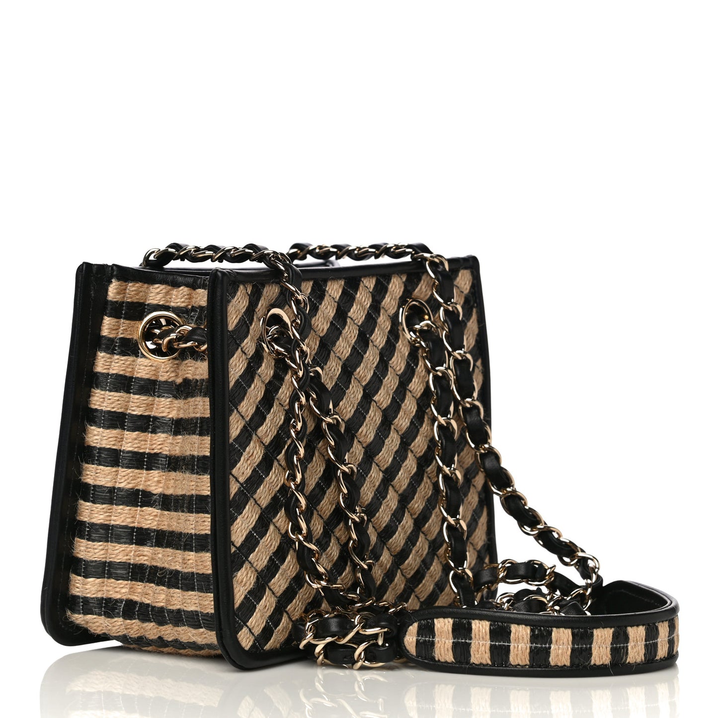Raffia Jute Striped Urban Jungle Bucket Bag Black Beige