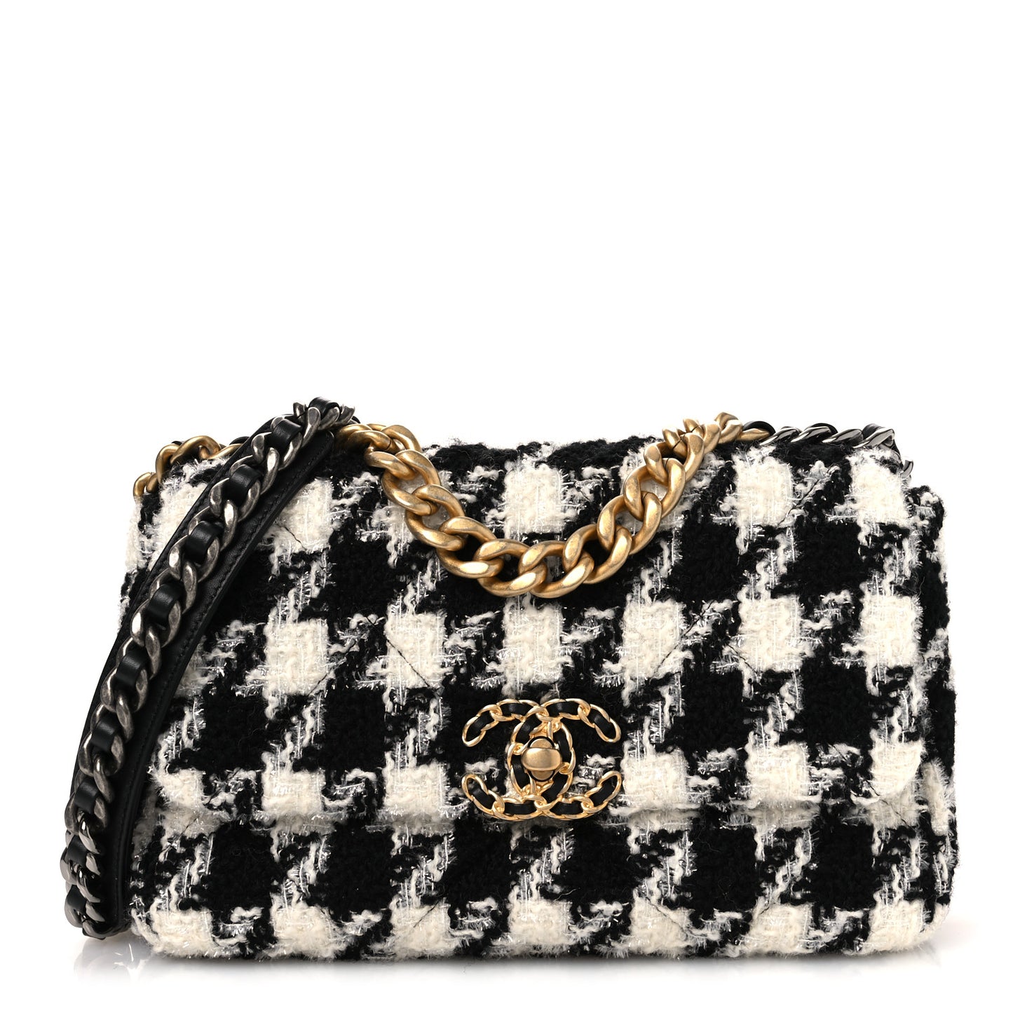 Tweed Quilted Medium Chanel 19 Flap Black Ecru White
