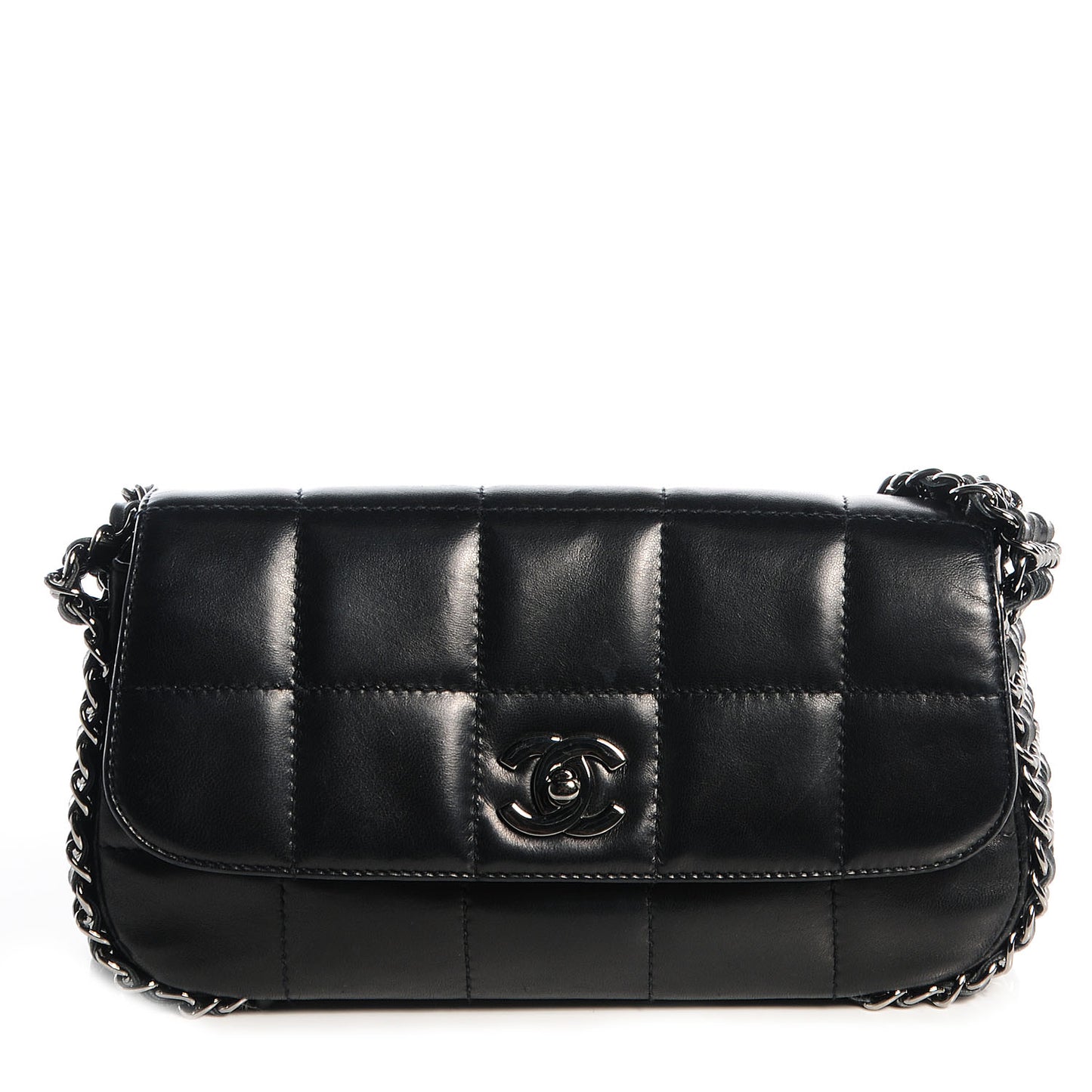 Lambskin Chocolate Bar 5 Chain Flap Black