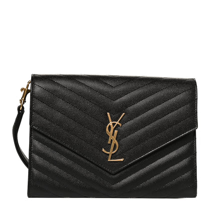 Saint Laurent Grain De Poudre Matelasse Chevron Monogram Envelope Clutch Black 1 of 10