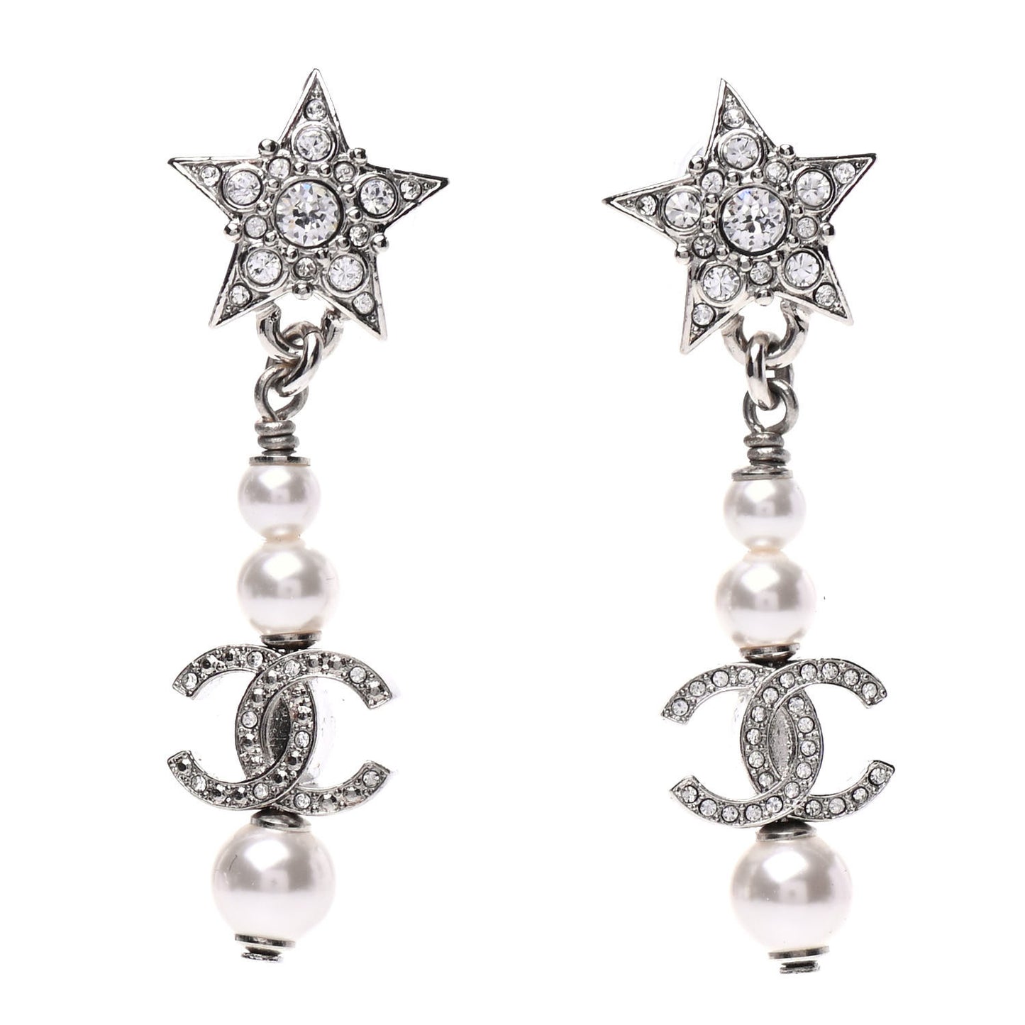 Crystal Pearl CC Star Drop Earrings Silver