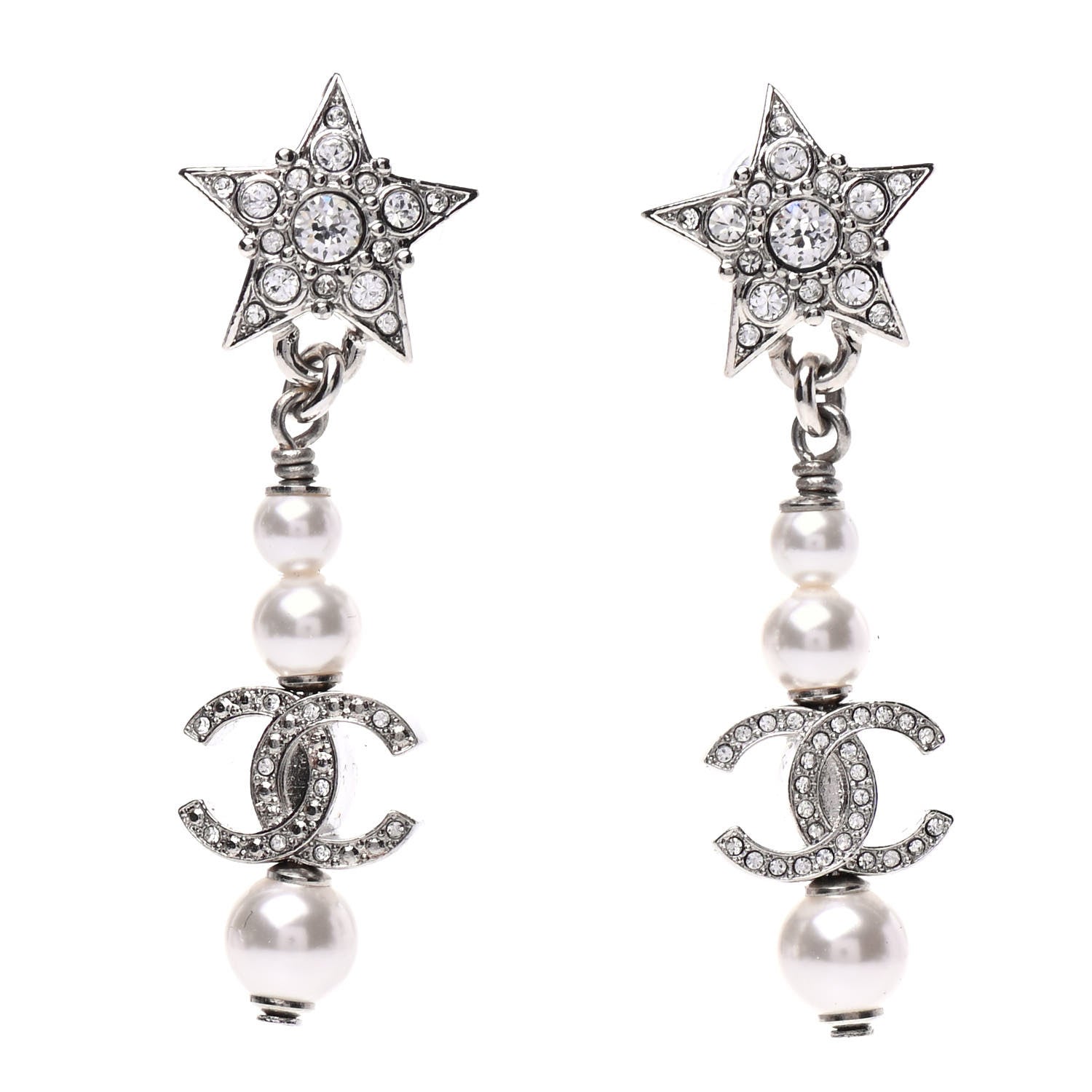 Chanel Crystal Pearl CC Star Drop Earrings Silver 1 of 5
