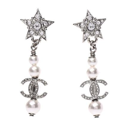 Chanel Crystal Pearl CC Star Drop Earrings Silver 1 of 5