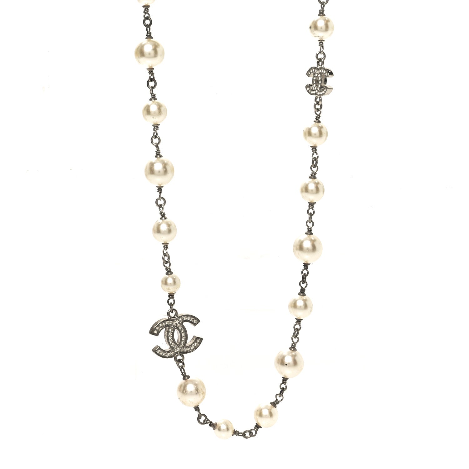 Chanel Crystal Pearl CC Long Necklace Silver 1 of 6