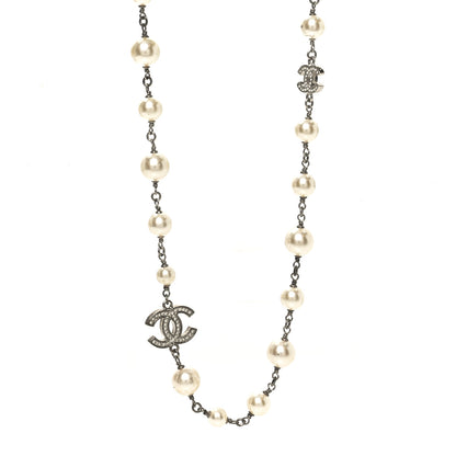 Chanel Crystal Pearl CC Long Necklace Silver 1 of 6