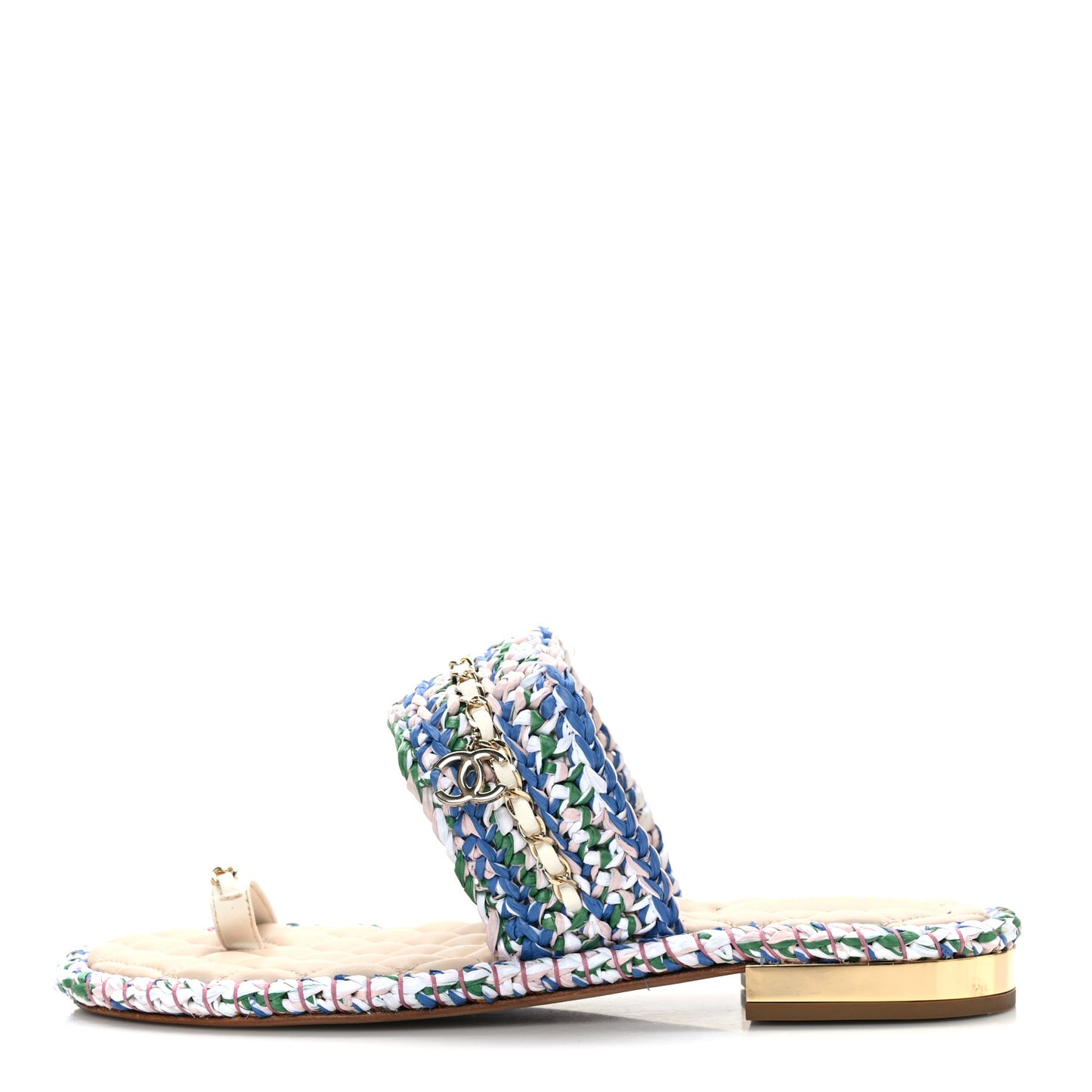 Raffia Lambskin Woven Chain CC Toe Ring Sandals 41 Blue Pink