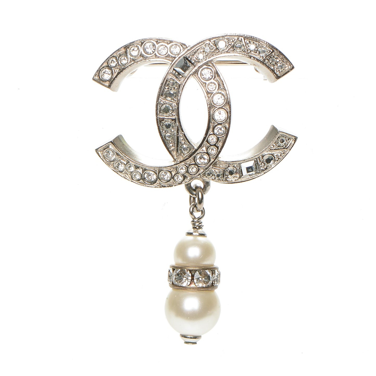 Crystal Pearl CC Drop Brooch Silver