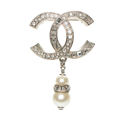 Chanel Crystal Pearl CC Drop Brooch Silver 1 of 4
