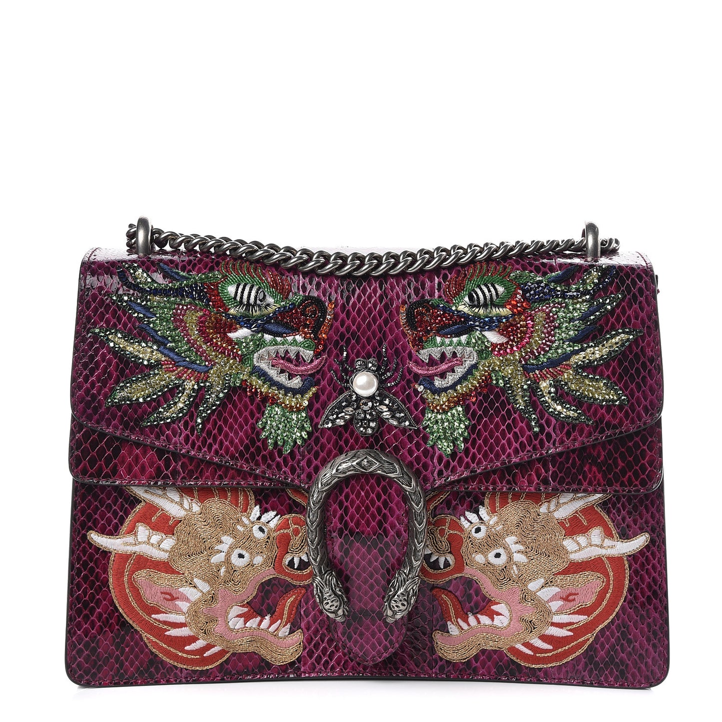 Elaphe Dragon Embroidered Medium Dionysus Shoulder Bag Violet Cyclamen Multicolor
