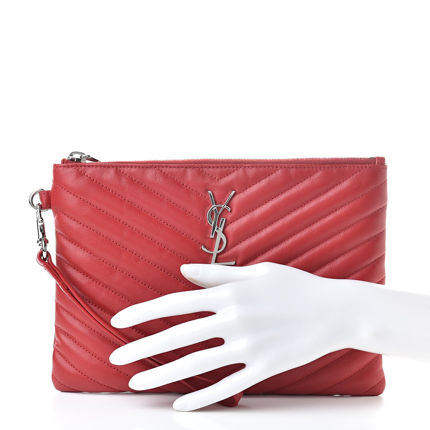 Saint Laurent Calfskin Matelasse Chevron Monogram A5 Wristlet Red 2 of 9