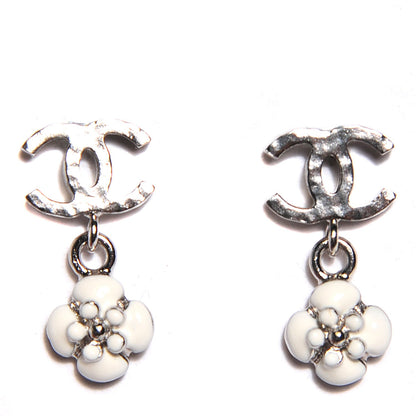 Chanel Enamel CC Camellia Drop Earrings Silver 1 of 5