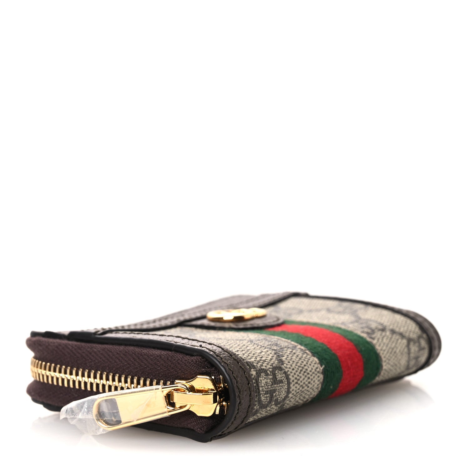 Gucci GG Supreme Monogram Textured Dollar Calfskin Web Ophidia Zip Around Card Case Wallet Beige Ebony New Acero 4 of 8