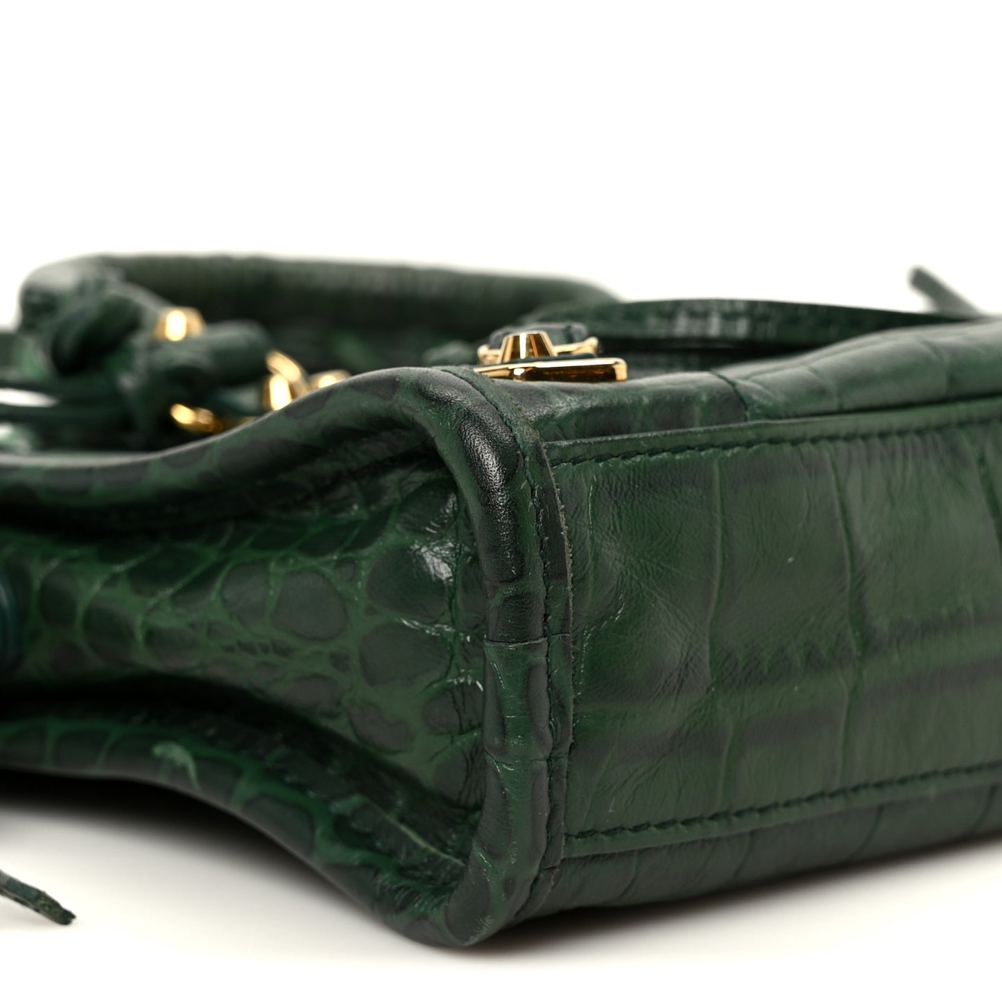Shiny Supple Calfskin Crocodile Embossed Gold Metallic Edge Hardware Nano City Green