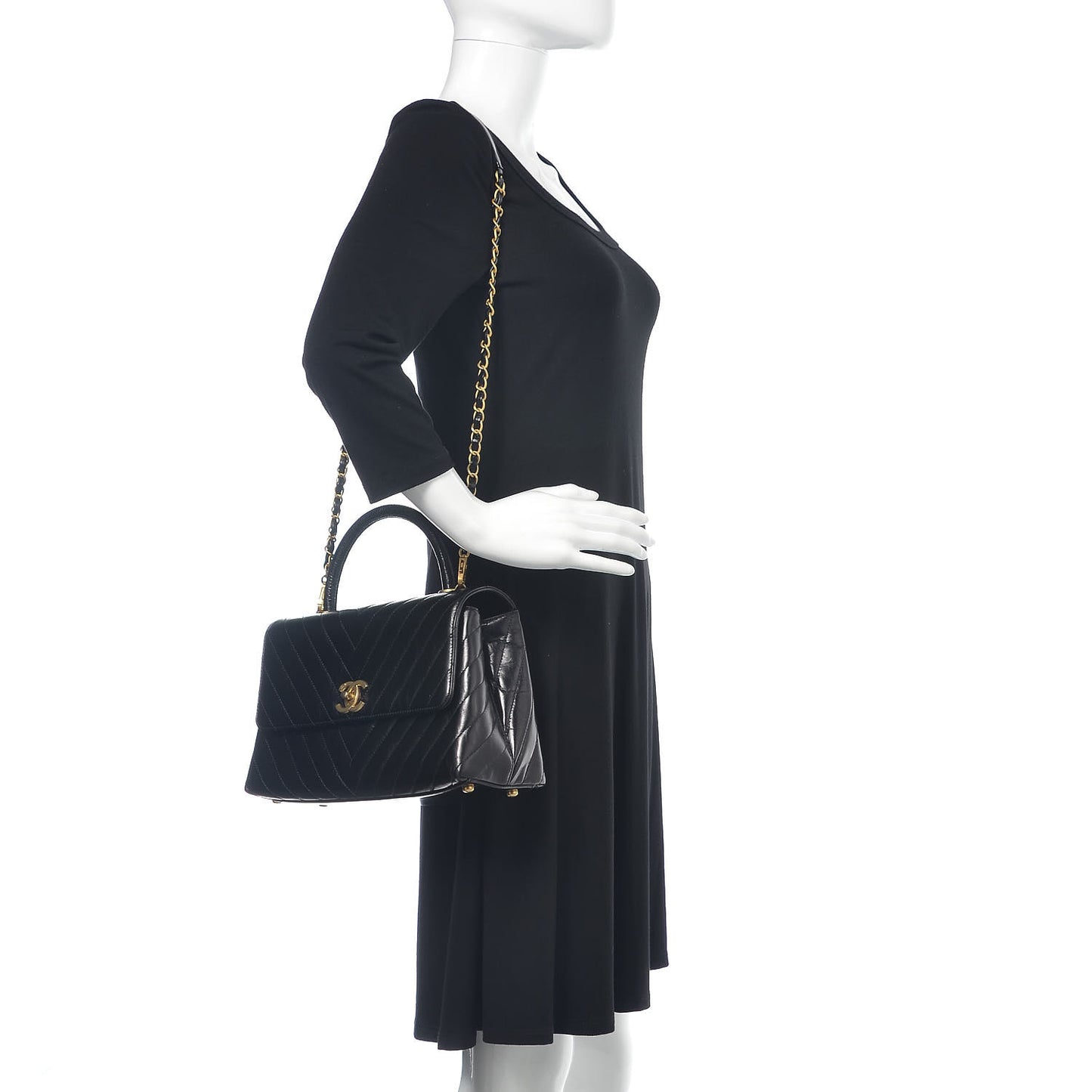 Calfskin Lizard Chevron Quilted Small Coco Handle Flap Black