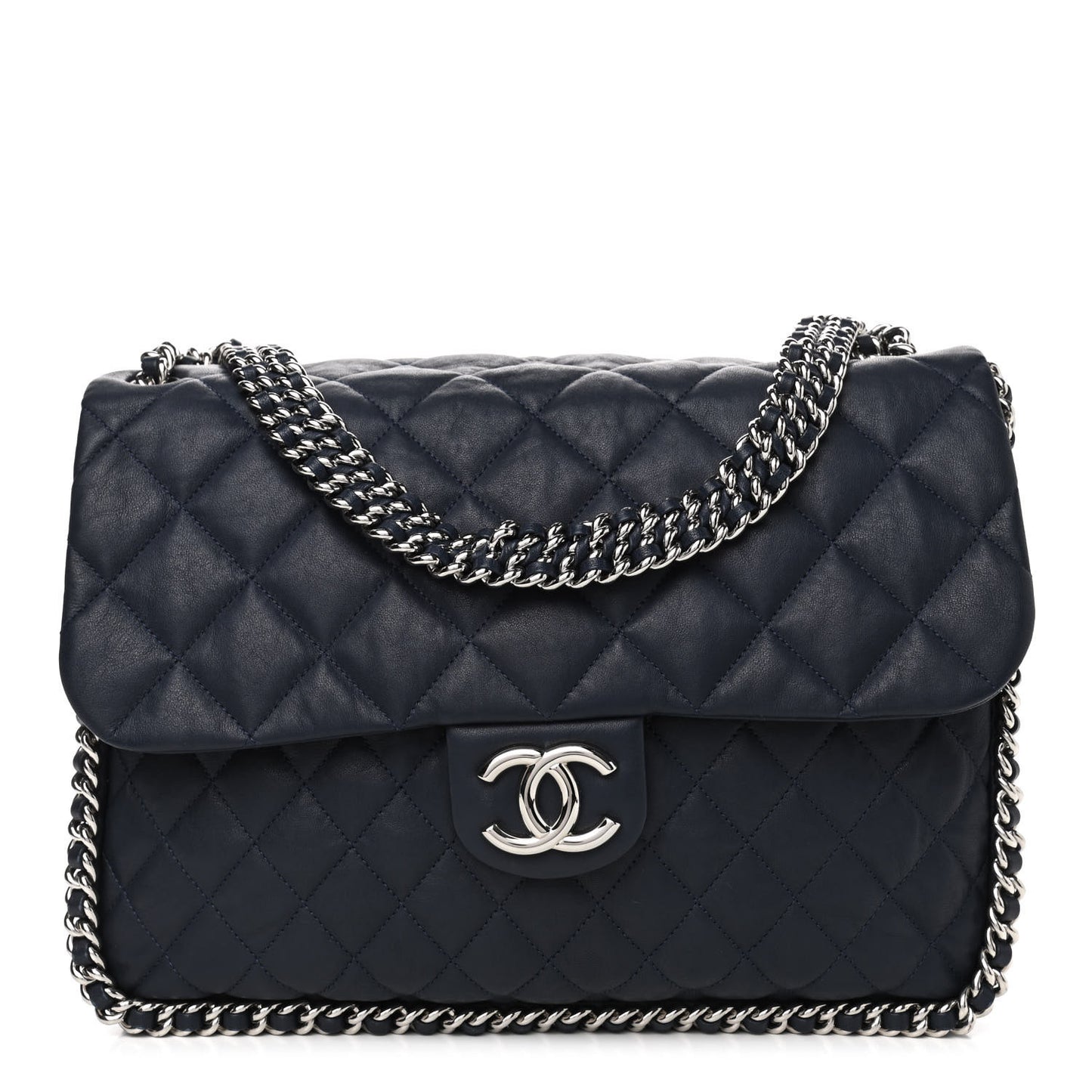 Washed Lambskin Quilted Chain Around Maxi Flap Dark Navy Blue
