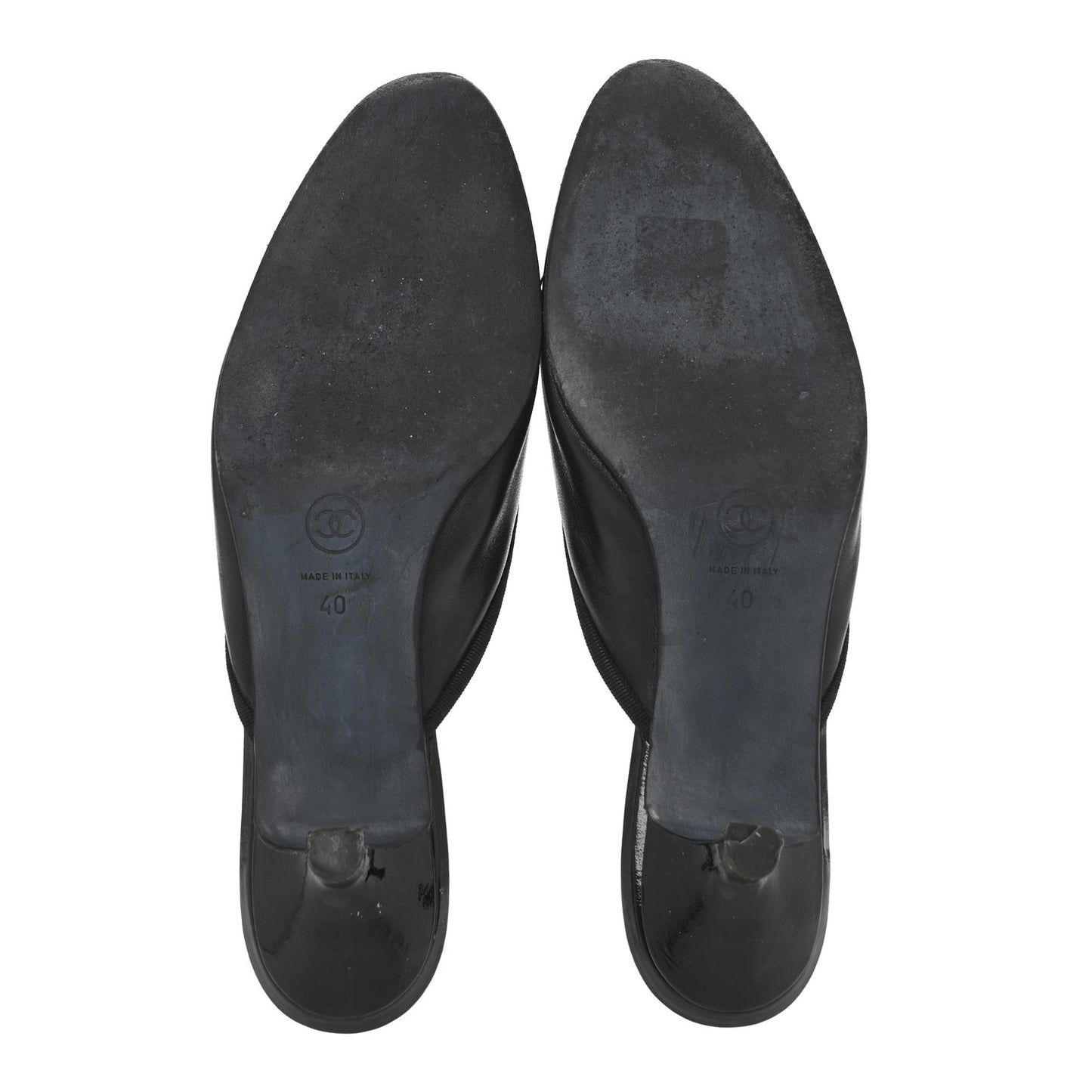 Lambskin Patent Cap Toe Bow CC Mules 40 Black