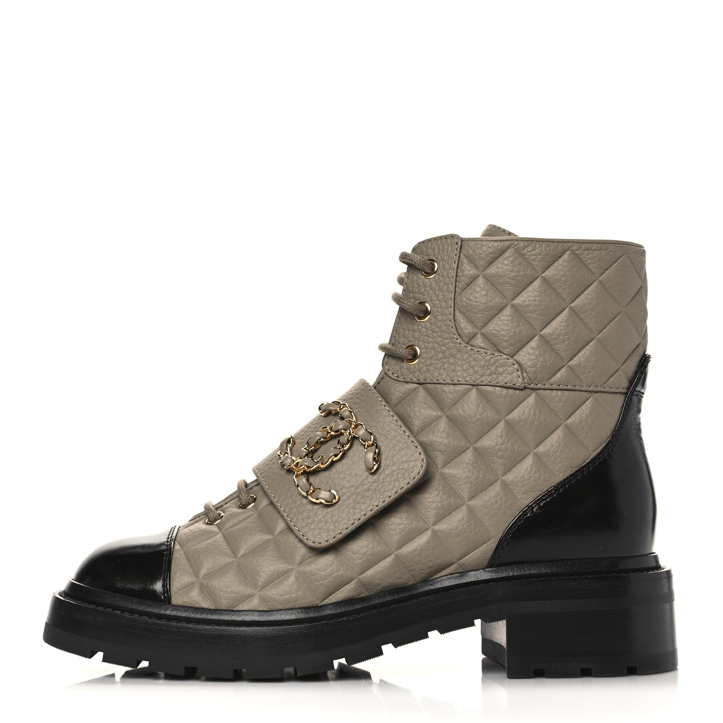 Calfskin Shiny Calfskin Quilted Lace Up Combat Boots 38.5 Dark Beige Black