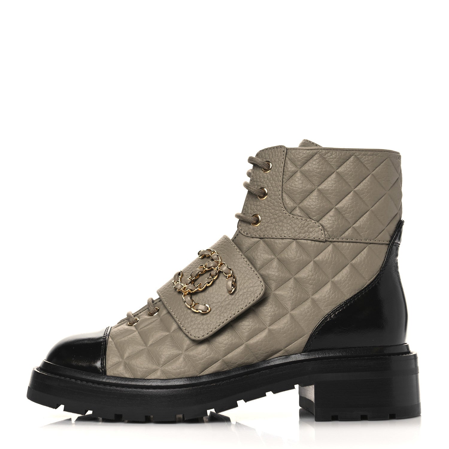 Chanel Calfskin Shiny Calfskin Quilted Lace Up Combat Boots 38.5 Dark Beige Black 1 of 7