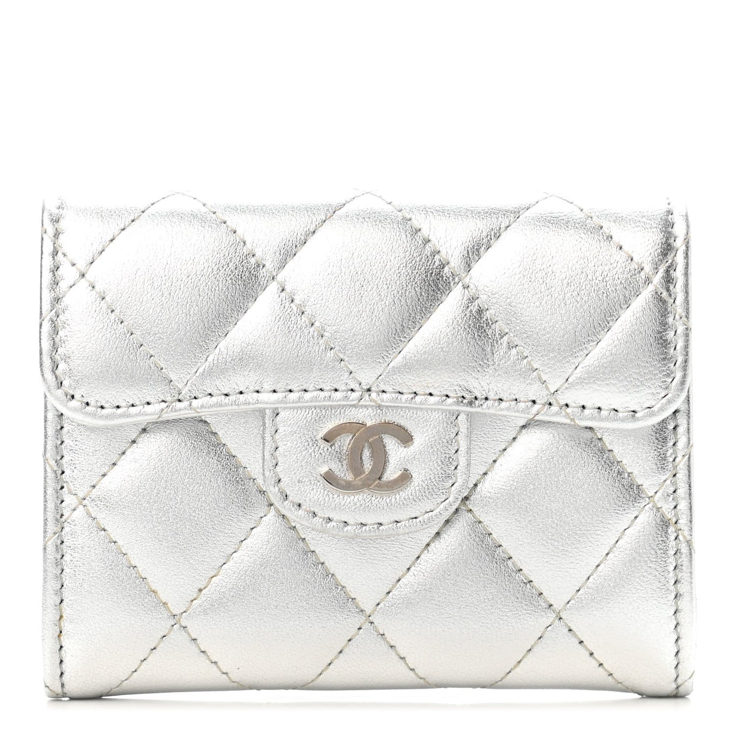 Metallic Lambskin Quilted Flap Card Holder Wallet Silver