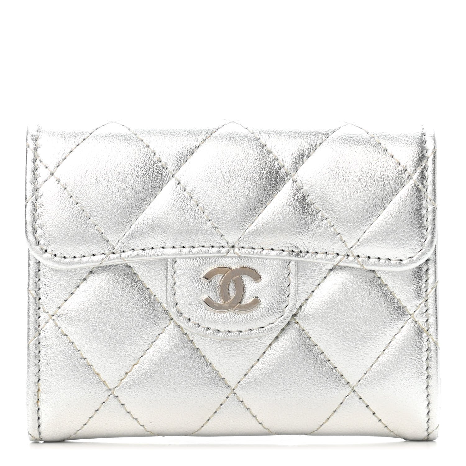 Chanel Metallic Lambskin Quilted Flap Card Holder Wallet Silver 1 of 5