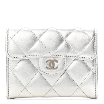 Chanel Metallic Lambskin Quilted Flap Card Holder Wallet Silver 1 of 5