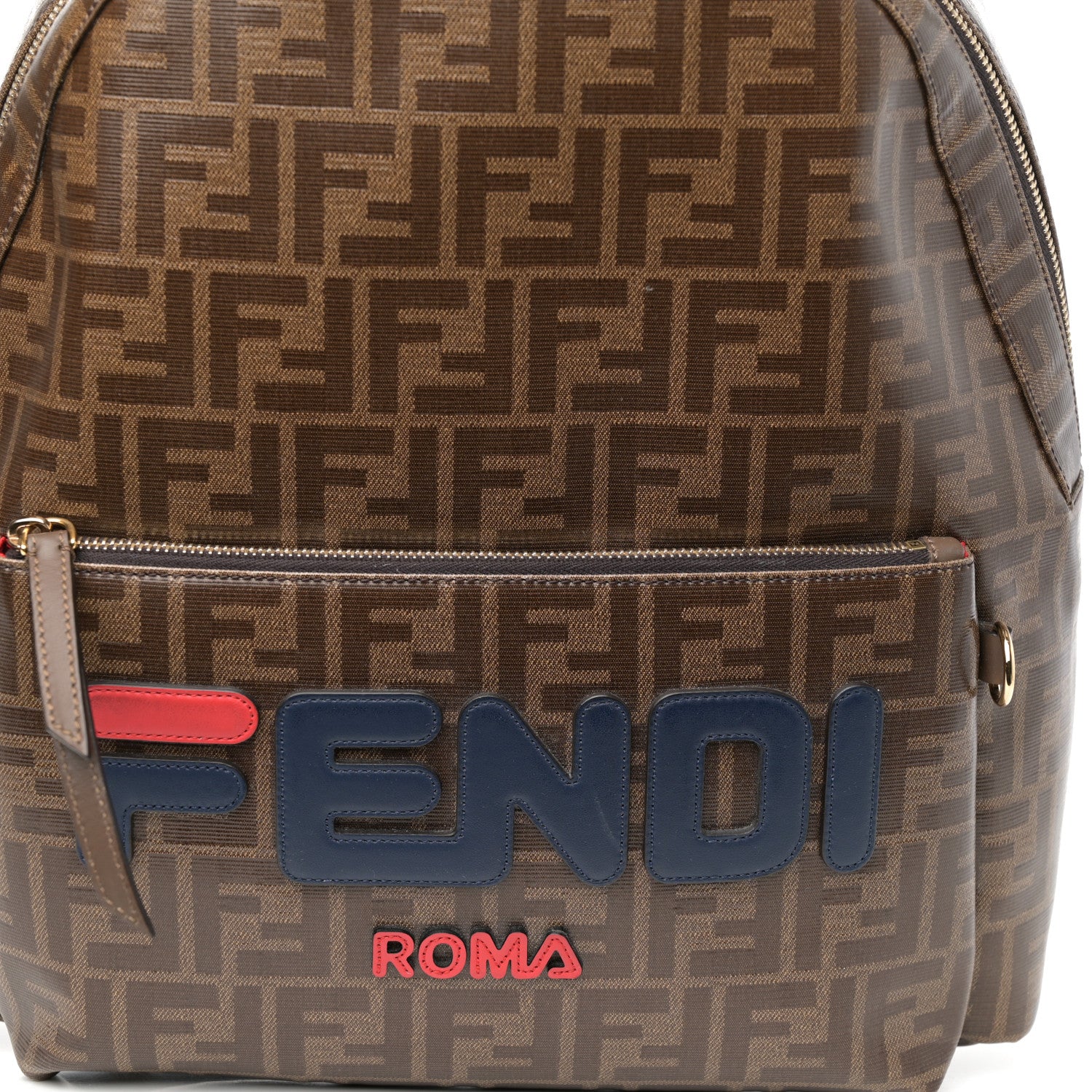 Fendi X FILA Glazed Fabric Vitello Century FF 1974 Mania Pouch Pocket Backpack Mogano Panna Blueberry 8 of 11
