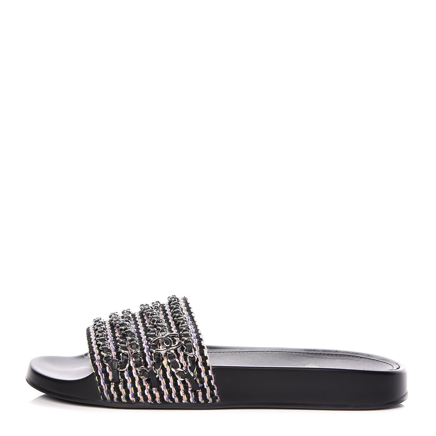 Chanel Tweed Lambskin Chain Flat Sandals 41 Black Multicolor 1 of 9