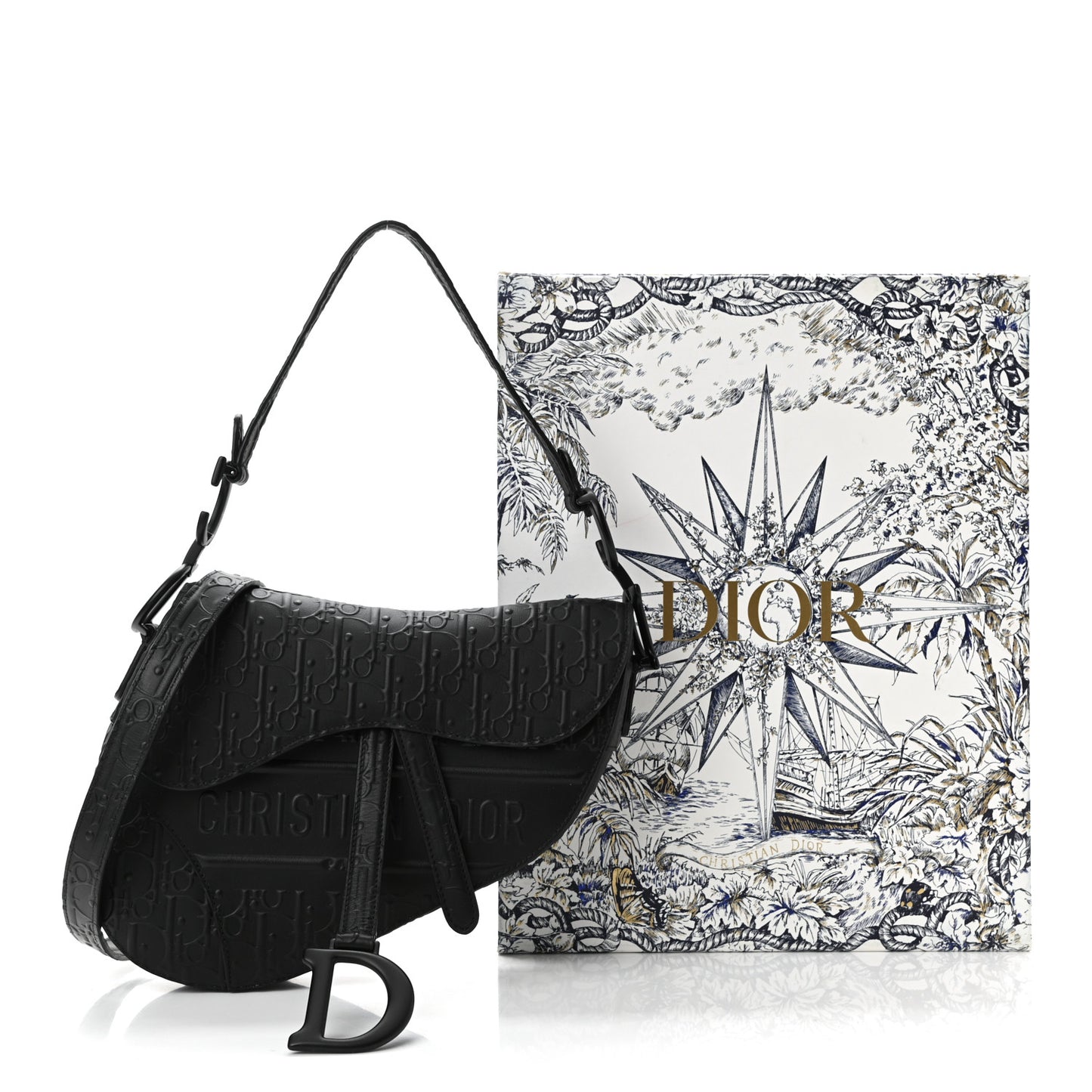 Calfskin Embossed Oblique Saddle Bag With Strap Black