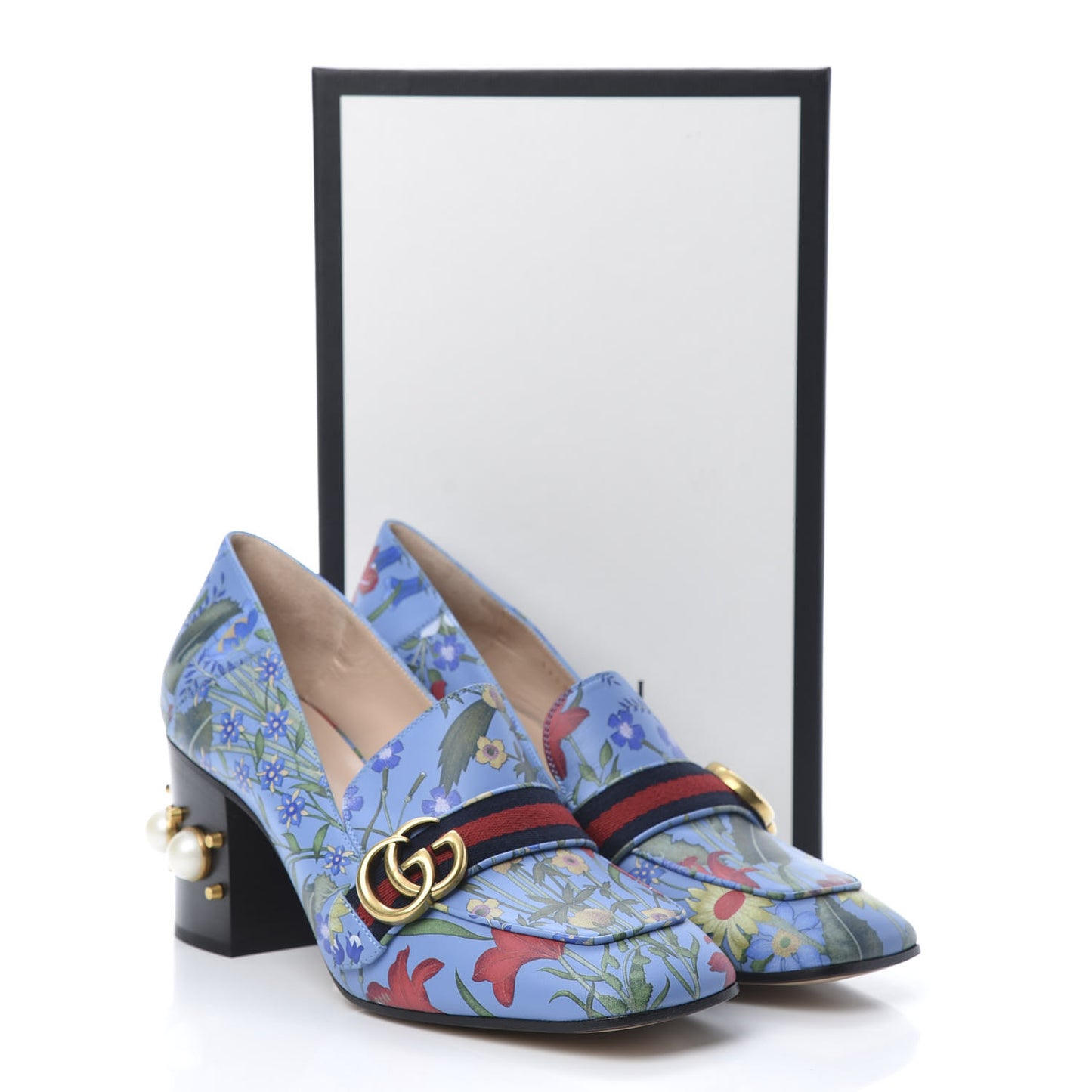 Apollo Calfskin Web Pearl New Flora Peyton 75mm Loafer Pumps 41 Azure