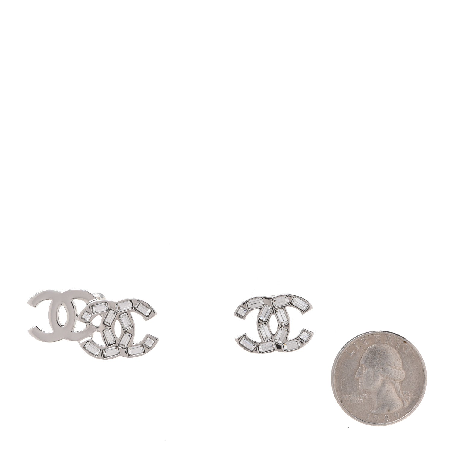 Chanel Baguette Crystal Double CC Earrings Silver 2 of 5