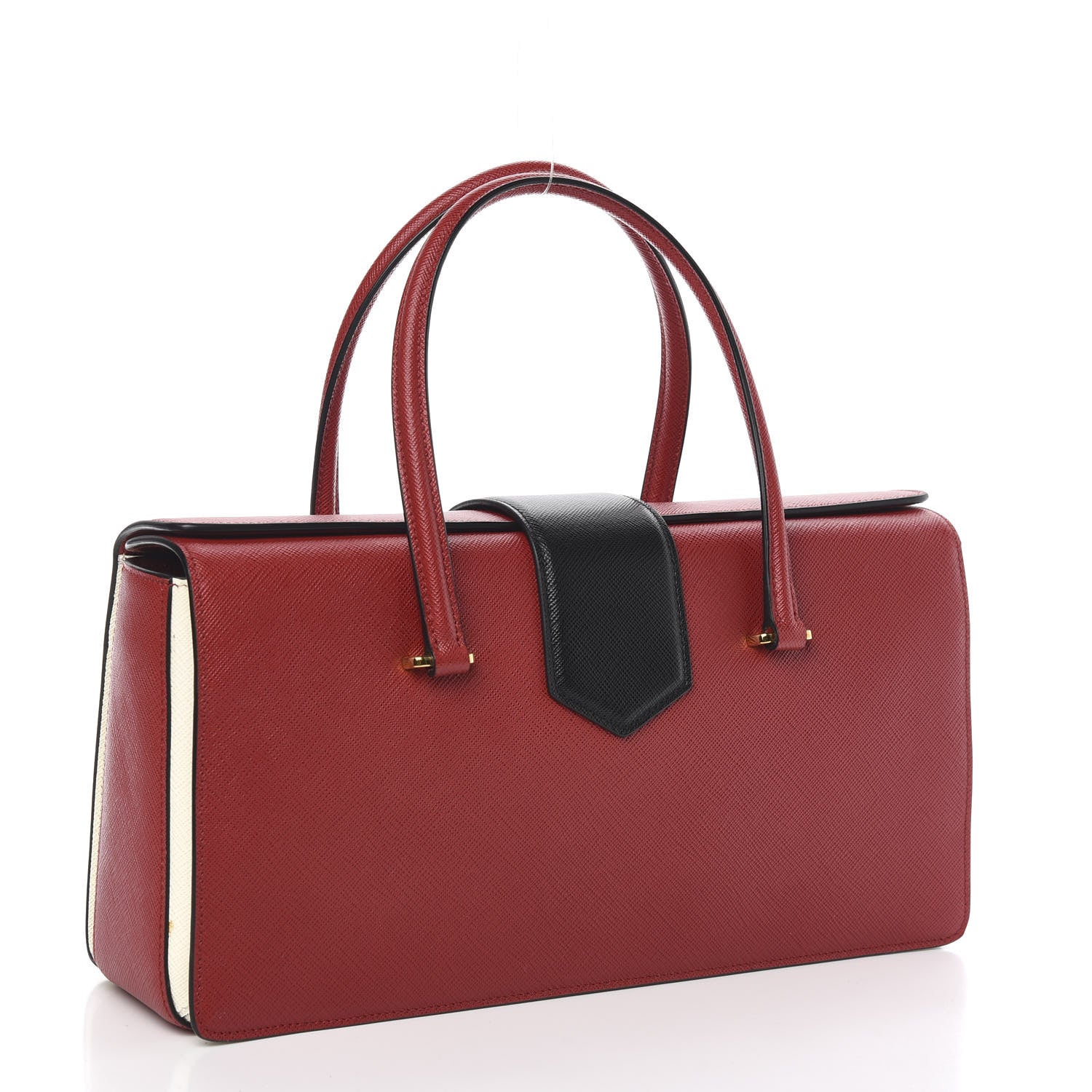 Prada Saffiano Tri-Color Turn Lock Satchel Fuoco White Black 3 of 10