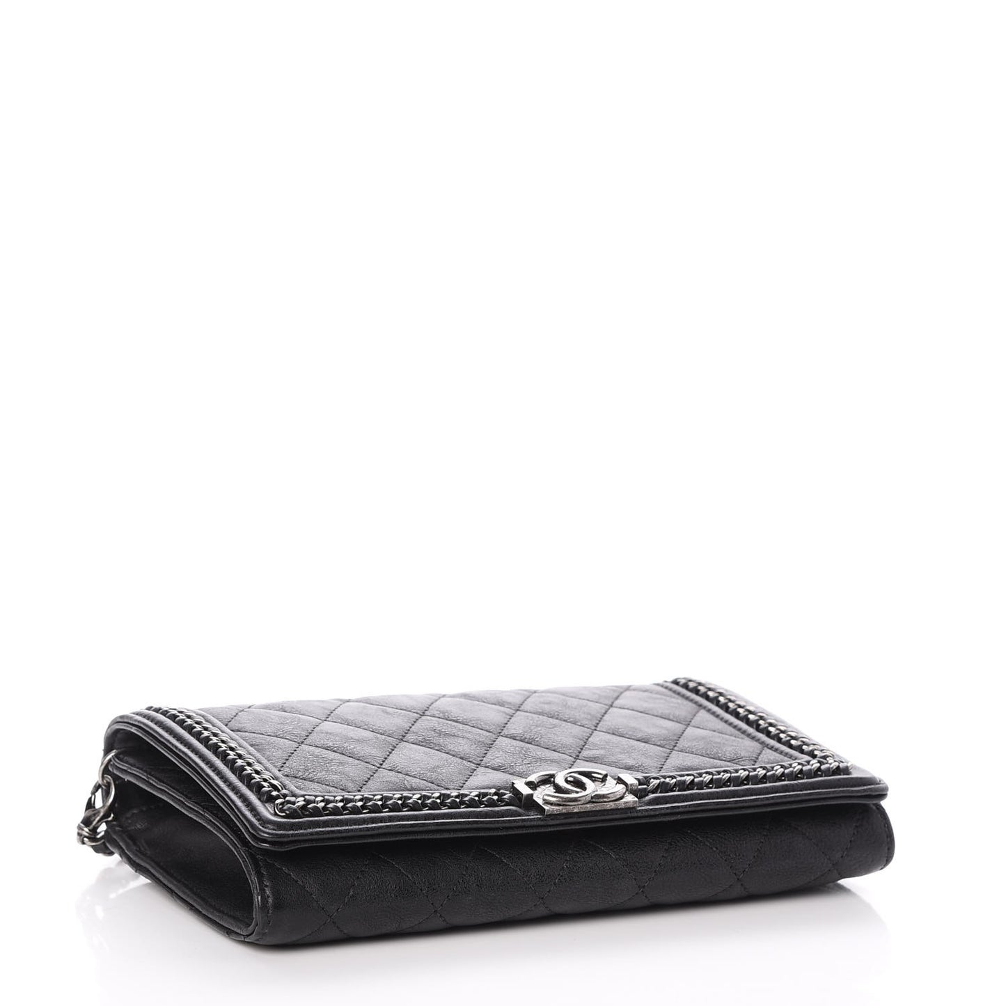 Calfskin Quilted Chain Around Boy Wallet On Removable Chain WOC Black