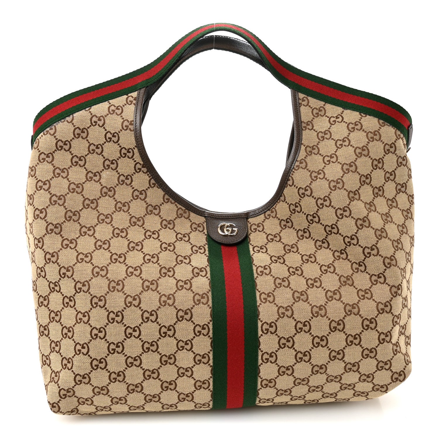 Gucci GG Monogram Web Large Giglio Tote Bag Beige Dark Brown 1 of 13
