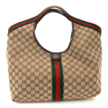 Gucci GG Monogram Web Large Giglio Tote Bag Beige Dark Brown 1 of 13